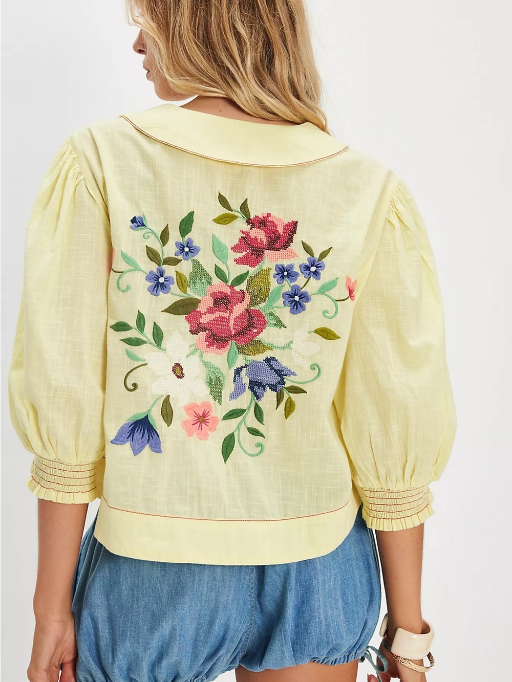 Free People Pale Yellow Embroidered Floral Peasant Blouse